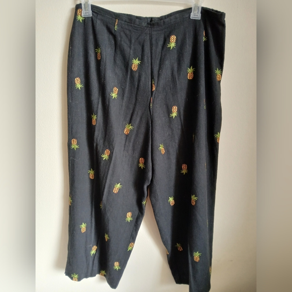 Vintage Pineapple Embroidered Wide Leg Cropped‎ Linen Blend Size 14